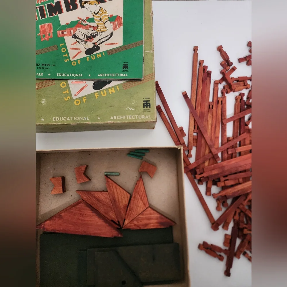 1950s Miniature Timbers Wood Log Building Set 250 Pcs With Orig Box Instructions